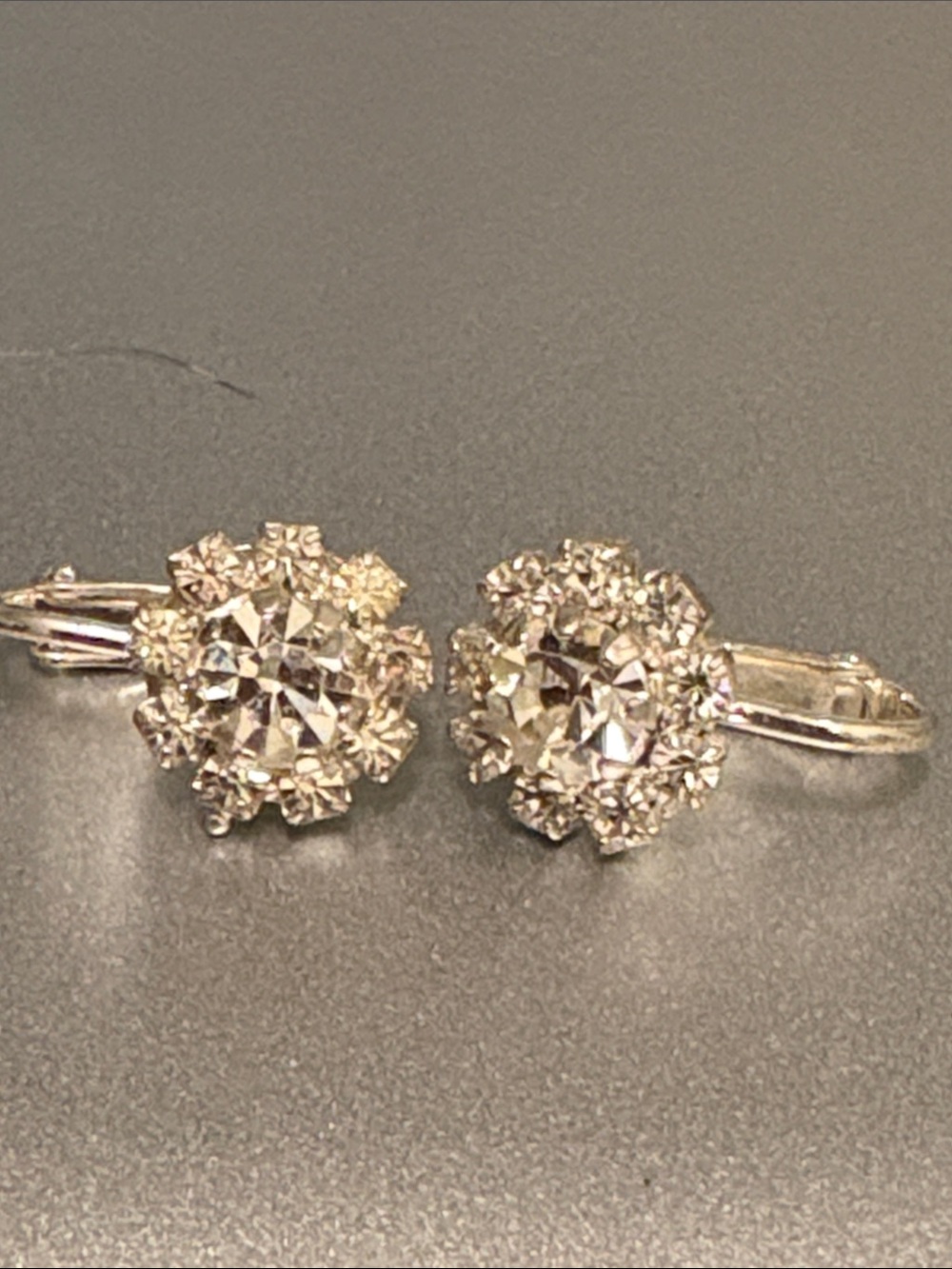 Vintage crystal flower stud clip on earrings, silver tone